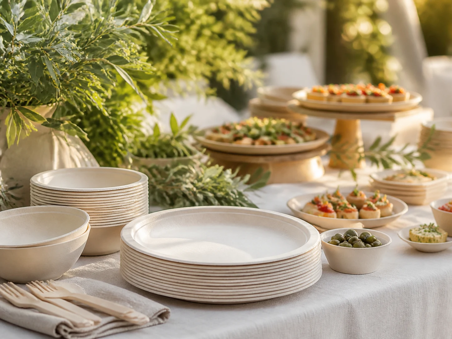 Fiber-based plates, bowls, and serving items arranged for an outdoor catering event