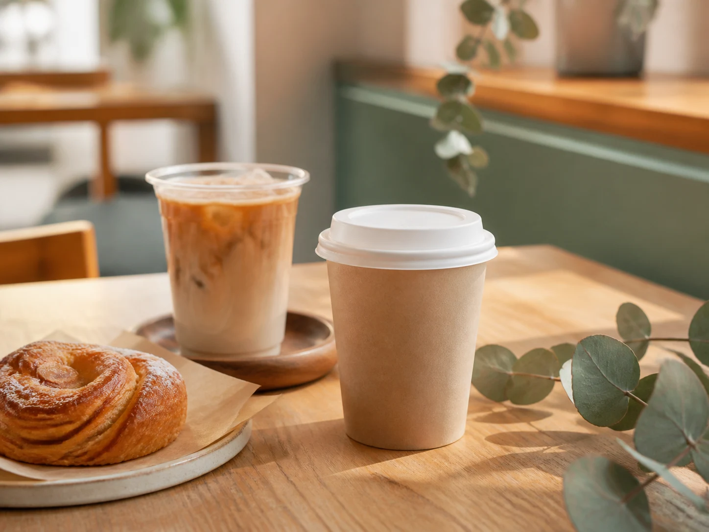 Paper hot-drink cups and a cold beverage prepared for cafe service