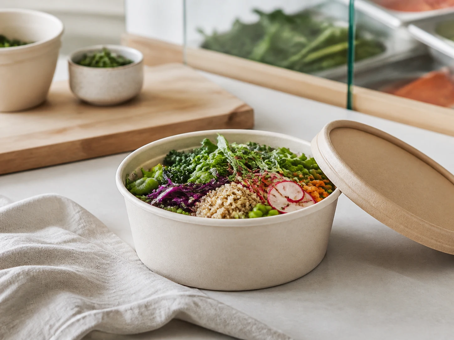 Prepared salad and deli food displayed in fiber-based bowls