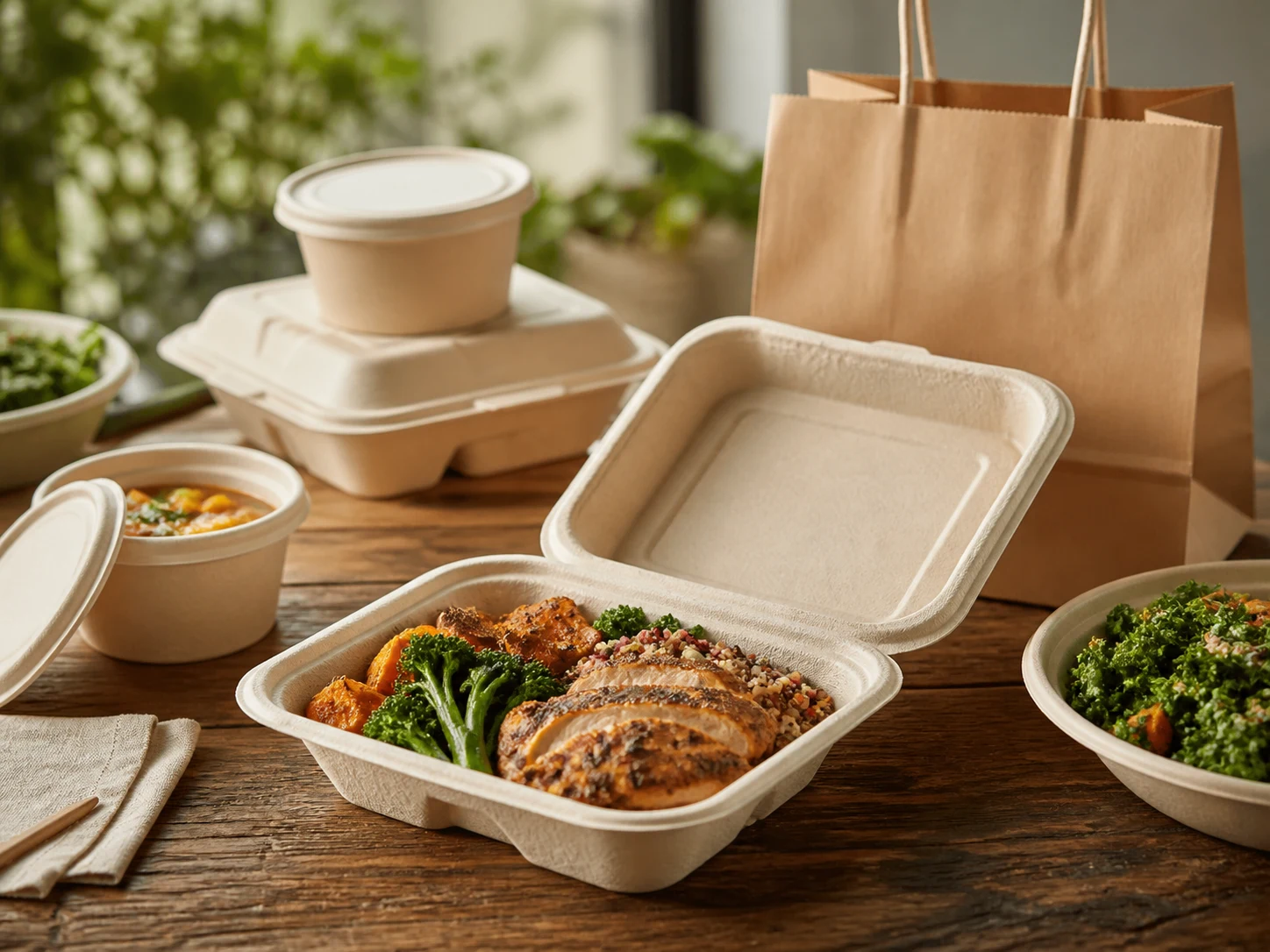 Takeaway meal containers arranged with prepared food for delivery